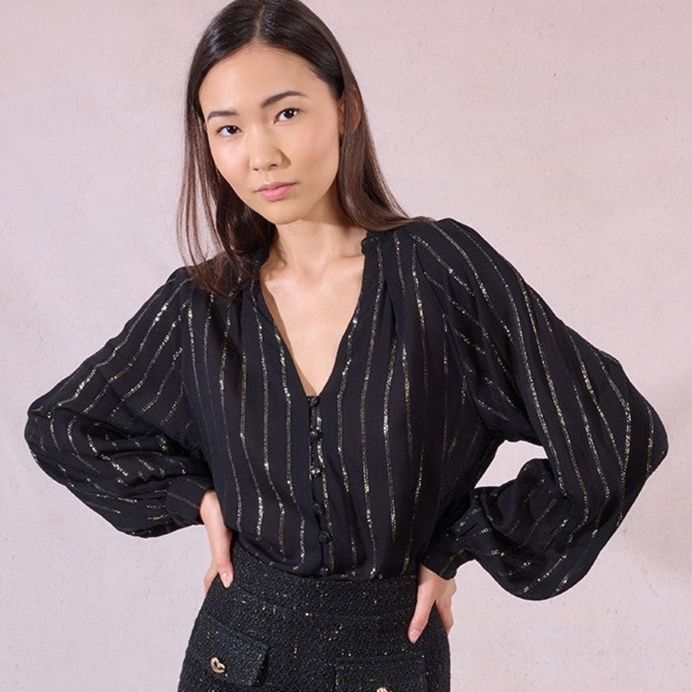 Black Molly Bracken Shirt with Metallic Gold Thread Pintstripes size S